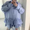 Enviado. Vestido chemise de design irregular de nicho Dongdaemun coreano, vestido listrado para o início do outono para mulheres 17130