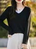 Camisa Base Falsa de Duas Peças para Mulheres, Novo Estilo Primavera e Outono 2026, Tricô Fino de Lã, Blusa de Manga Longa com Gola Redonda e Color-Blocking