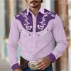Camisa masculina floral retrô estilo western, casual de rua para uso diário ao ar livre, primavera/verão, colarinho de lapela, mangas compridas, tecido com elasticidade em quatro direções