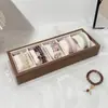 Caixa de Armazenamento para Pulseiras Madeira com Textura Retrô Couro Cristal Pulseira Caixa de Joias Acessórios para Pulseiras Contas de Buda Caixa de Exibição Transparente