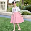 Vestido de manga abullonada para niña Verano Nuevo Estilo Niños Grandes Dibujos Animados Moda Vestido de Princesa Verano Manga Corta Vestido de Longitud Media
