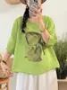 Verão Novo Estilo Ráfia Estampada Gola Redonda Manga Média Pulôver Camiseta Solta Tamanho Grande Top Casual Atacado