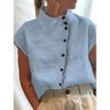 Camisa informal holgada con cuello levantado y botones de algodón y lino para mujer, nueva estación independiente de Amazon, comercio exterior transfronterizo, verano 2023