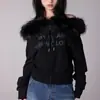 Moletom Feminino Solto Curto com Zíper, Gola de Pelo e Estampa de Letras, Jaqueta Casual, Novo Estilo Outono 2026