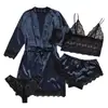 Nuevo Conjunto de Pijama de Ropa de Casa Estilo Europeo y Americano para Mujer, Juego de 4 Piezas, Camisola de Satén con Encaje, Conjunto de Verano para Mujer, Shorts, Venta al por Mayor
