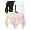 26153-2026 Estilo Nuevo Primavera/Verano Top Casual de Hombros Descubiertos Puro Deseo para Mujer Ajustado Sexy Adelgazante Camiseta de Manga Larga