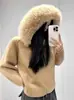 Cárdigan de Punto con Capucha de Peluche Desmontable Estilo Coreano para Mujer 2025 Otoño e Invierno Nuevo Estilo Jersey Chaqueta Estilo Perezoso Tendencia