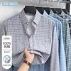 [100% Algodão] Nova coleção de outono: camisa xadrez, 100% algodão, acabamento escovado, resistente a rugas, de manga comprida, para uso business casual, atacado para homens