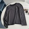 Estilo universitário Bordado Pônei Listrado Camiseta de manga comprida Estilo coreano feminino Novo emagrecimento solto All-match Round Neck Base Top