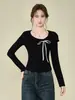 Elegante Camiseta de Cuello Redondo con Lazo para Mujer, Otoño e Invierno 2026, Forro Polar Grueso, Prenda Base Ajustada