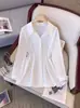 Camisa elegante de manga comprida da moda para tamanhos grandes, que emagrece e esconde a barriga, vestuário feminino elegante com gola de lapela, nova camisa de comprimento médio para primavera e outono para senhoras plus size