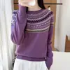 Suéter 100% lana pura para mujer, jersey jacquard Fair Isle vintage, top de punto de cuello redondo, top base de alta gama