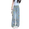 Jeans Anchos Estampados Tie-Dye Retro Elegantes para Mujer, Nuevos de Primavera/Verano Versátiles de Cintura Alta Casual Rectos de Pierna Ancha Largos hasta el Suelo