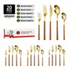 Juego de cubiertos de acero inoxidable con imitación de veta de madera Amazon transfronterizo, juego de 20 piezas, juego retro de cuchillo para bistec, tenedor y cuchara de postre occidentales