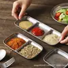 Compartimento de barbacoa de acero inoxidable retro olla caliente plato de condimento plato cuadrado para salsa plato para mojar pequeño creativo japonés al por mayor