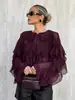 Blusa de Gasa Elegante Color Borgoña con Cuello Redondo y Volantes Estilo Retro Francés para Mujer Diseño Primavera 2026