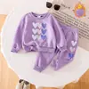 Conjunto de Outono Inverno para Bebê Menina com Pelúcia Interna Roxo Taro Estampa de Coração Moletom Calça Jogger Conjunto Quente de Duas Peças para Menina Pequena