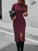 Vestido de punto de cuello medio de comercio exterior, Vestido suéter largo para mujer de otoño e invierno, Ajuste ceñido, Base de punto adelgazante, Vestido de línea A