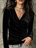 2026 Amazon Europeo y Americano Transfronterizo Otoño Nuevo Terciopelo para Mujer Cuello en V Cruzado Mangas Largas Plisado Camiseta Top Casual