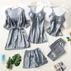 Lingerie Sexy Popular: Conjunto de Pijama de Cinco Peças com Camisola de Renda, Shorts, Calça Longa e Cardigã, Tamanho Grande