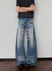 Jeans rectos de moda para hombre, estilo retro americano, con textura lavada y efecto desgastado, corte holgado, modernos, de pierna ancha, versátiles, de largo hasta el suelo.