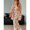 [Em Estoque] Pijama Colorido Feminino Primavera e Outono 2026 Novo Soltinho Tamanho Grande Manga Longa Calça Longa Conjunto para Casa Verão
