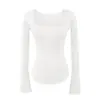 Estilo Puro Desejo Sexy Gola Quadrada Cintura Ant Mangas Flare Cor Sólida Camiseta Primavera Nova Slim Fit Barra Curva Camisa Básica
