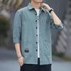 Outono Novo Camisa Masculina de Algodão de Sete Mangas Estilo Japonês Estilo Hong Kong Casual Workwear Juventude Cor Sólida Bolso Camisa Jaqueta