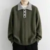 Suéter Polo Masculino de Cor Contrastante Outono Inverno Gola Revers Tricô Retrô Solto Masculino Casual Camada Base de Tricô Top