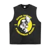 Camiseta de manga corta con estampado negro lavado y desgastado, marca europea y americana de moda, top de verano holgado retro americano bidimensional