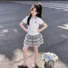 2026 Conjunto de Dos Piezas para Niña Estilo Coreano de Moda Estilo Escolar Cuadros Parche de Manga Corta Camiseta Verano Dulce Encaje Falda Pastel