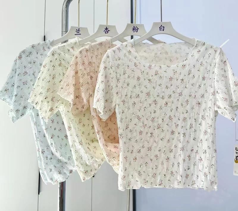 商品详情图_夏季新款韩版甜美减龄圆领小碎花百搭短袖上衣女