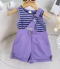 Conjunto de Macacão Curto com Listras para Meninas Verão 2026 Roupas Infantis Estilosas para Meninas