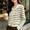 Cardigan com gola marinha feminino outono e inverno novo estilo universitário lapela cor contrastante casual temperamento listrado malha manga longa cardigan feminino