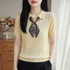 Camiseta de Tricô com Gola Reversível e Lenço de Seda Embelezado para Mulheres, Estilo Fino de Verão, Camiseta Top Emagrecedor Jacquard de Seda Gelada de Alta Qualidade