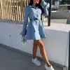 26 Años de Transfronterizo Europeo y Americano Nuevo Retro Ajustado Corbata de Moño Cinturón Casual Vestido de Mezclilla de Manga Larga Línea A 89417