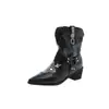 Primer Encuentro Ji Estilo Retro Botas Vaqueras Occidentales Negras para Mujer Punta Puntiaguda Bordado Remaches Hebilla de Cuero Tacón Grueso Botines Tobillo Otoño 2026