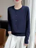 Cardigan de Punto de Hilo de Algodón Puro Cuello Redondo para Mujer Nuevo Casual Holgado Chaqueta Gris Versátil Suéter de Manga Larga Prenda Exterior