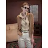 Estilo intelectual, blusa de punto patchwork de dos piezas para mujer, cuello alto retro, corte relajado old-money, adelgazante, elegante y adecuada para el trabajo
