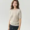 75% cachemira, 25% seda de morera - una camiseta de punto suave y delicada para mujer, de manga corta, con cuello redondo y diseño de punto de ochos