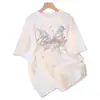 Camiseta branca de manga curta estilo retrô americano 100% algodão para mulheres, top casual de verão com corte solto e estampa de borboleta