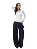 YECHUAN # Jeans azul escuro de perna larga com cintura alta para mulheres, outono, solto, casual, modelador, comprimento total, calça trendy de perna curva