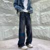 Jeans Graffiti Pesado Estilo Americano Retrô Marca de Moda de Rua Perna Reta Larga Solto Versátil Calças Tridimensionais para Homens