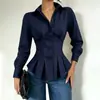 Moda Feminina Versátil Cor Sólida Cinto na Cintura Gola Camisa Babado Plissado Outono 2026