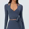 Top de yoga curto transfronteiriço para mulheres com alças, decote em V, corte justo, camiseta fitness, treino de Pilates, esportes de corrida manga longa