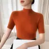 Suéter de tricô feminino de peça única sem costura, atacado e dropshipping para comércio exterior, novo para primavera e outono, com gola alta meia e mangas curtas, caimento justo