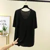 Camiseta de Verano Nueva de Modal Talla Grande Cuello Redondo Manga Corta para Mujer, Casual Holgada, Adelgazante, Tallas Grandes, Camiseta Básica de Color Sólido