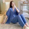 Pijama de Seda de Algodão Feminino Verão Fino Manga Curta Tamanho Grande Conjunto Solto Roupa Primavera e Outono Viscose Estampada Roupas de Casa