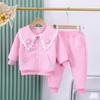 Casaco infantil outono estilo coreano infantil estilo ocidental gola boneca blusa suéter infantil zíper camisa conjunto de duas peças
