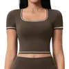 Roupas de Yoga de Manga Curta em Cor Contrastante para Mulheres, Camiseta de Yoga Justa para Pilates e Fitness de Verão, Top Esportivo de Corrida de Secagem Rápida 2036